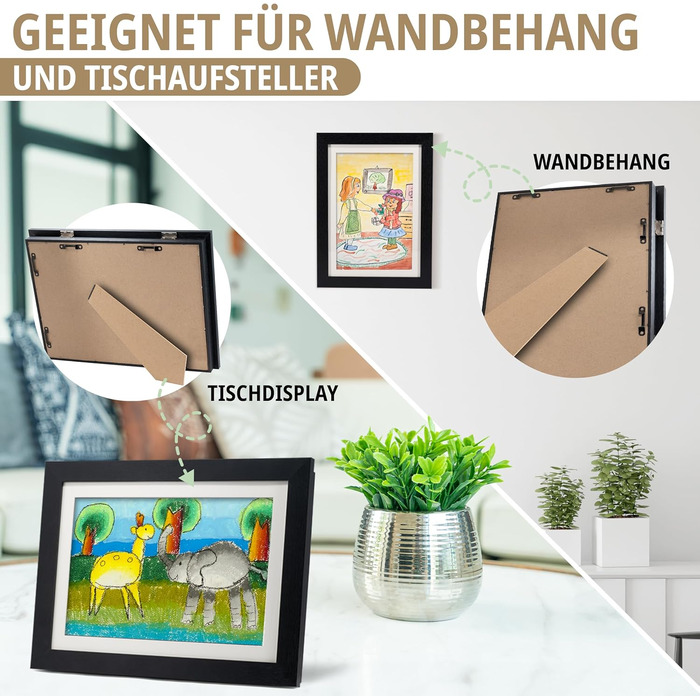 Рамки для дитячих малюнків KIYARI A4, 2 шт. (білі) + 2 шт. (чорні). Набір для зберігання 150 малюнків. Міцне дерево, безпечне скло, ідеально для школи, дитячої кімнати та творчих проєктів.