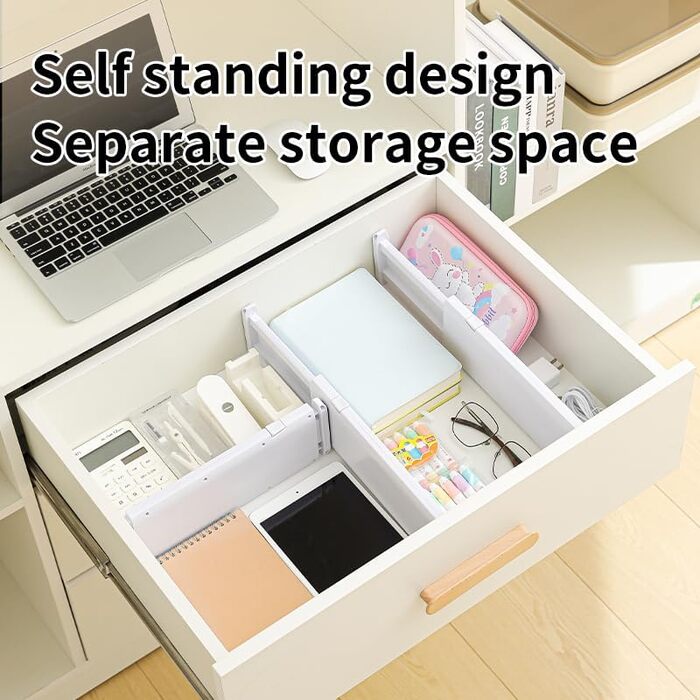 Органайзери для шухляд MOFELON, 8 шт., регульовані (33-58.5 см, 6.4 см H), для шафи, кухні, комода, спальні, ванної кімнати - білий