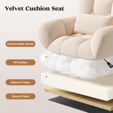 Ергономічне крісло 2-в-1 для дому та офісу: обертове, регульоване по висоті, з подушкою, велюр, бежеве