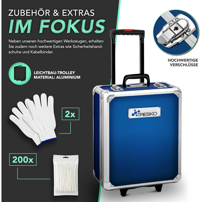 Набір інструментів TRESKO 1400 предметів у валізі: професійний кейс з інструментами з хромо-ванадієвої сталі (синій)