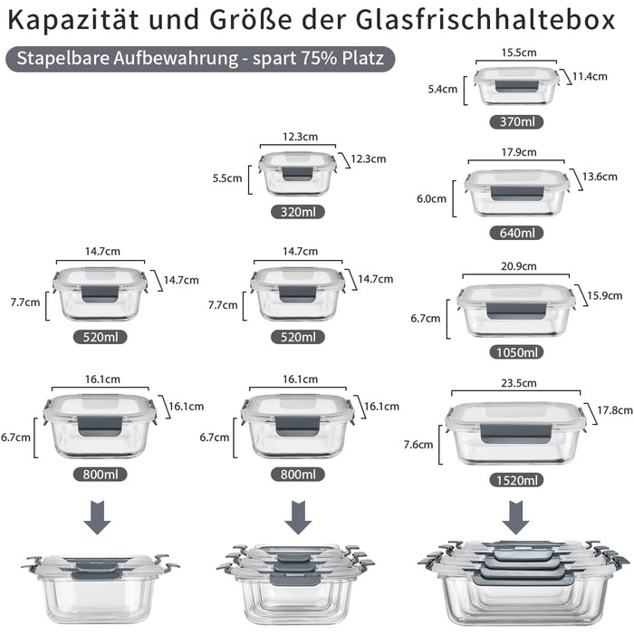 Набір контейнерів для зберігання продуктів Glas, 18 шт. (9 контейнерів, 9 кришок), безпечні для миття в посудомийній машині, мікрохвильовій печі та морозильній камері, з герметичним закриттям, без BPA, сірого кольору