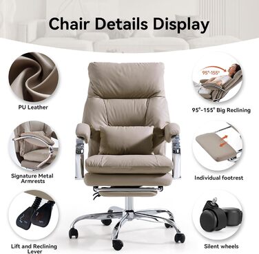 Офісний крісло EMIAH з підніжкою: ергономічний крісло для офісу та дому, з PU шкіри, підніжкою, підлокітниками та колесами. Підходить для роботи за комп'ютером та ігор. Колір: хакі. Без функції масажу.