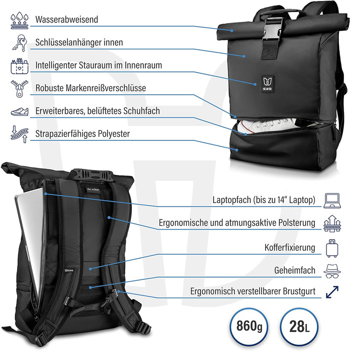 Рюкзак HEAVER Rolltop для жінок і чоловіків, Рюкзак з відділенням для ноутбука, Uni Рюкзак Жінки, Рулонний рюкзак Жінки, Повсякденний рюкзак, Рюкзак жіночий, Рюкзак для ноутбука водовідштовхувальний, Водонепроникний рюкзак, Великий чорний