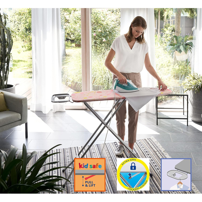 Прасувальна дошка Vileda Star, прасувальна дошка з полицею для праски, прасувальна поверхня 120 x 38 см, висота регулюється від 75 до 96 см, замок безпеки від дітей, схвалено TV-GS, екологічна упаковка, рожевий