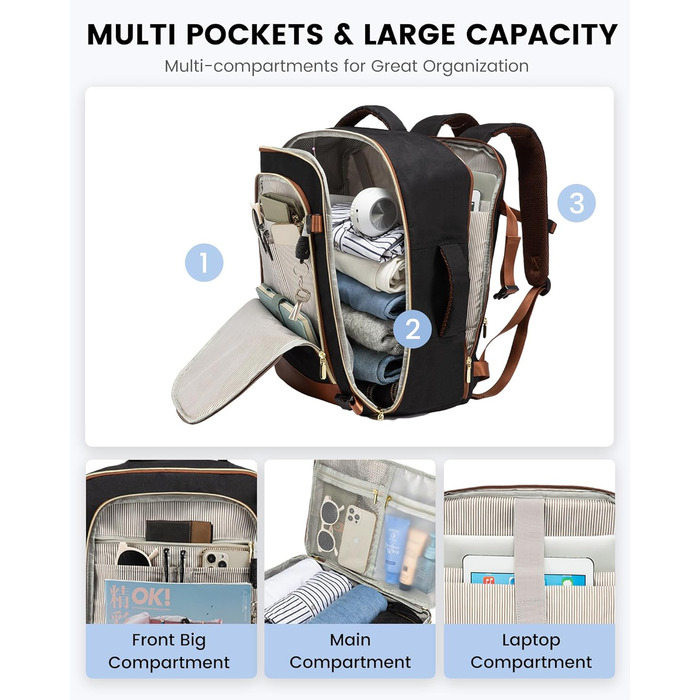 Рюкзак LOVEVOOK для ручної поклажі літака, жіночий водонепроникний рюкзак для подорожей з відділенням для взуття, 17-дюймовий рюкзак для ноутбука, 40L, 45x36x20, ручна поклажа, чорний + бежевий + каштановий