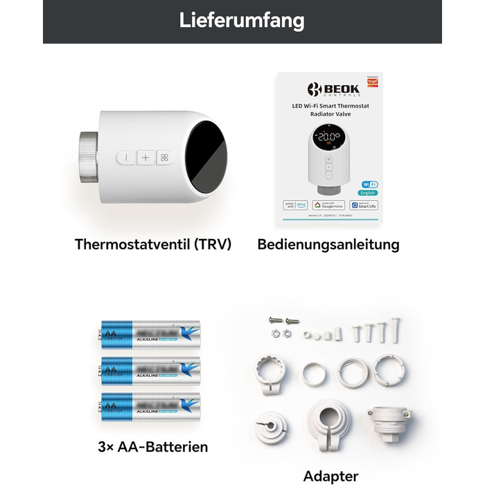 Розумний термостат для радіатора Beok WiFi з керуванням через Tuya, Google Assistant та Alexa, живлення від батарейок