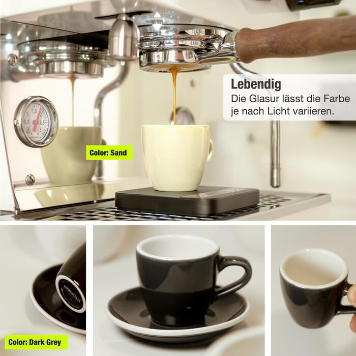 Набір еспресо-чашок Homeberlin Barista Pro - 4 шт. по 80 мл - Преміум якість, ручна робота, сірий глазурований стеглинний фарфор з підставками