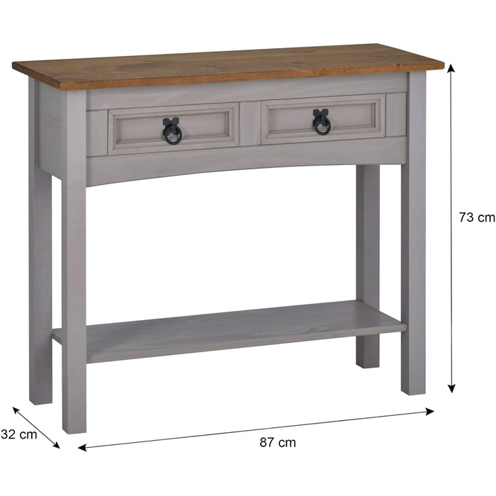 Меблевий консольний стіл CARO Ramon, мексиканський стиль, масив сосни, 2 ящики, полиця, сірий/коричневий