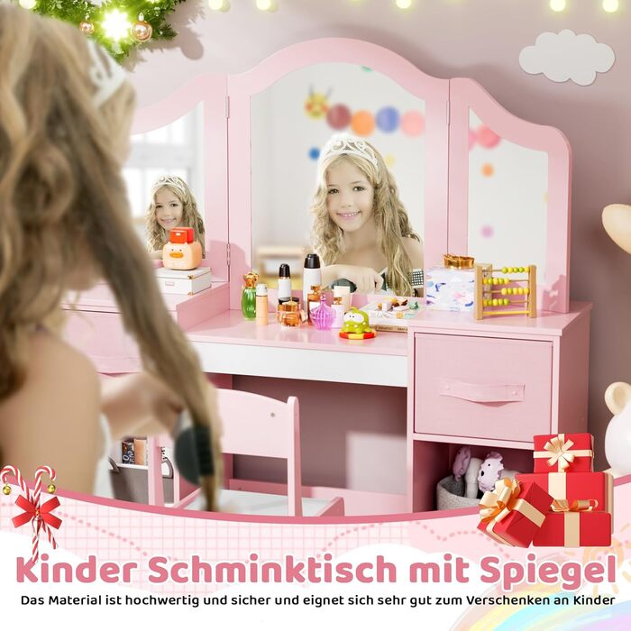Дитячий туалетний столик MAMIZO 2 в 1 з дзеркалом та пуфом, рожево-білий (108x30x114 см)