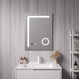 Дзеркало для ванної кімнати pro.tec LED Chambave з підсвічуванням, 3 кольори світла, вертикальне, для макіяжу, прямокутне, 60 x 80 см, срібне, антизапарююче, з лупою та годинником