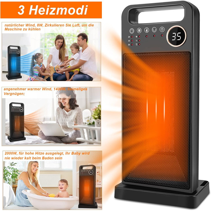Керамічний обігрівач 2000W з пультом та таймером, електрообігрівач для офісу, кімнати, вітальні, захист від перегріву, 3 режими
