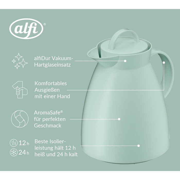 Термос Alfi DAN 1.0 л, пудрово-рожевий, з термоізоляційним корпусом з пластику та скляною вставкою, з кришкою-поворотом, дизайнерська модель, ідеальний для кави та чаю, BPA-free (без фільтра для чаю), колір Silt Green