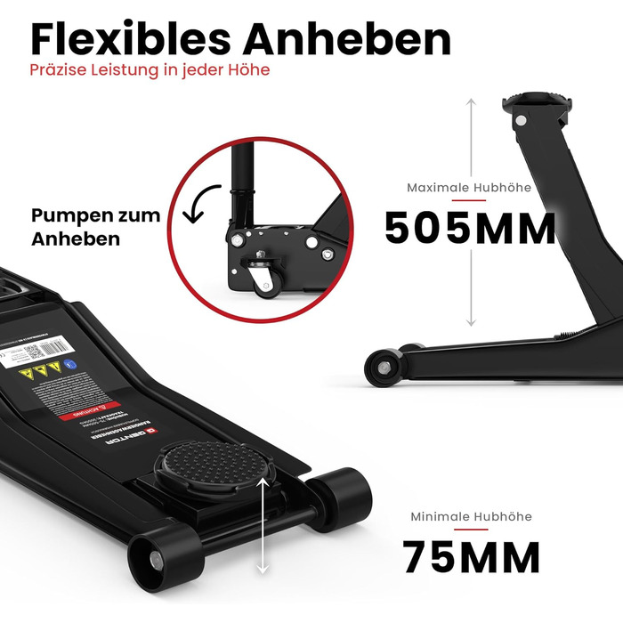 Гідравлічний домкрат 3T низькопрофільний 75-505мм з гумовими накладками для легкових авто та SUV – професійний, поворотний на 360° (Чорний)
