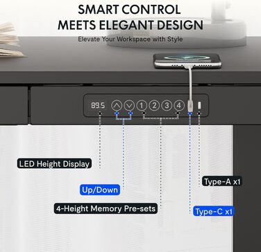 Електричний регульований стіл FLEXISPOT з підйомною функцією, USB-порт, ящик для зберігання та скляною стільницею (сніжно-білий), 140 x 70 см, Luxusschwarz