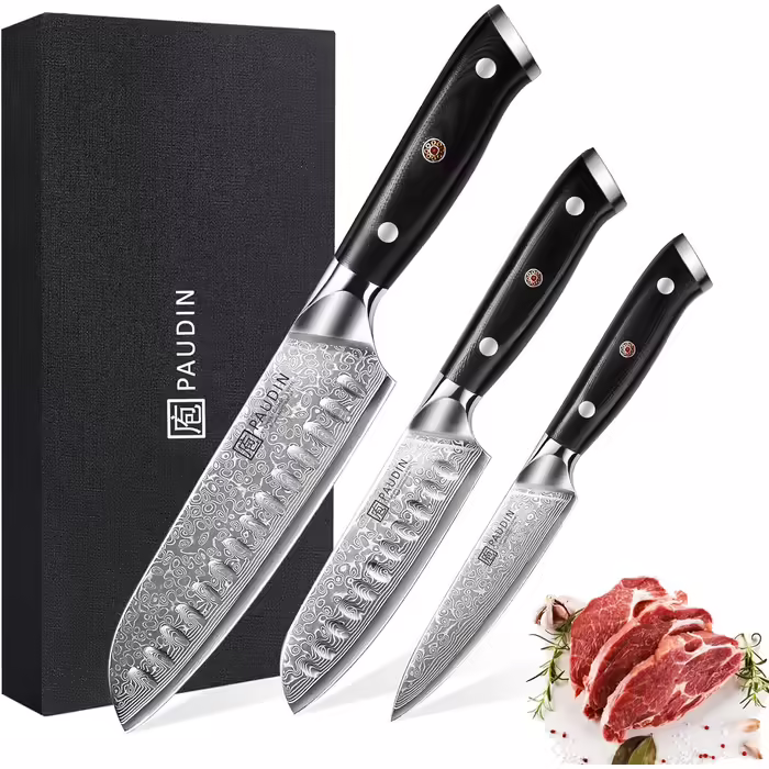 Набір кухонних дамаскових ножів PAUDIN, 3 предмети, ультрагострий Santoku з 67-шарової дамаської сталі з японським VG10 ядром, ергономічна ручка G10