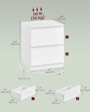 Приліжкова тумбочка VASAGLE Kailyn з розетками, 2 шухляди, 2 AC-розетки, 2 USB-A порти, для спальні, білий колір LET621W02