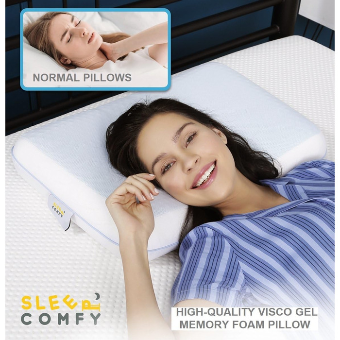 Преміум подушка для сну Comfy з гелевим ефектом та піною з пам'яті. Оптимальна підтримка для тих, хто спить на боці, спині. Розмір 60x40x14/12 см. Гелевий охолоджуючий ефект, знімний чохол. Ортопедична подушка для комфортного сну.