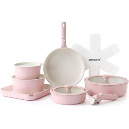 Набір посуду SENSARTE 17 частин з керамічним покриттям, антипригарний, для всіх плит, безпечний, рожевий