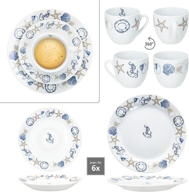 MamboCat Neptun - 18-ти елементний кавовий сервіз для 6 осіб з порцеляни з морськими мотивами (якір, мушля)