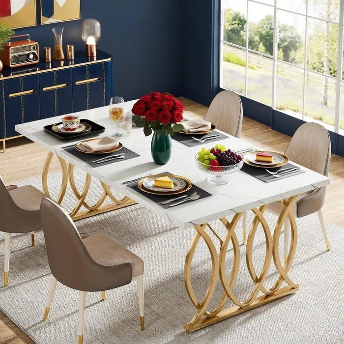 Білий обідній стіл 160x80 см з металевим каркасом та стільницею з акрилового каменю (Kunstmarmor) - для їдальні та кухні