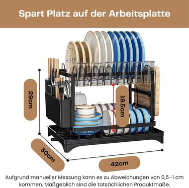 Сушарка для посуду нержавіюча сталь, 2-ярусна, з піддоном та відділенням для столових приборів, компактна для кухні