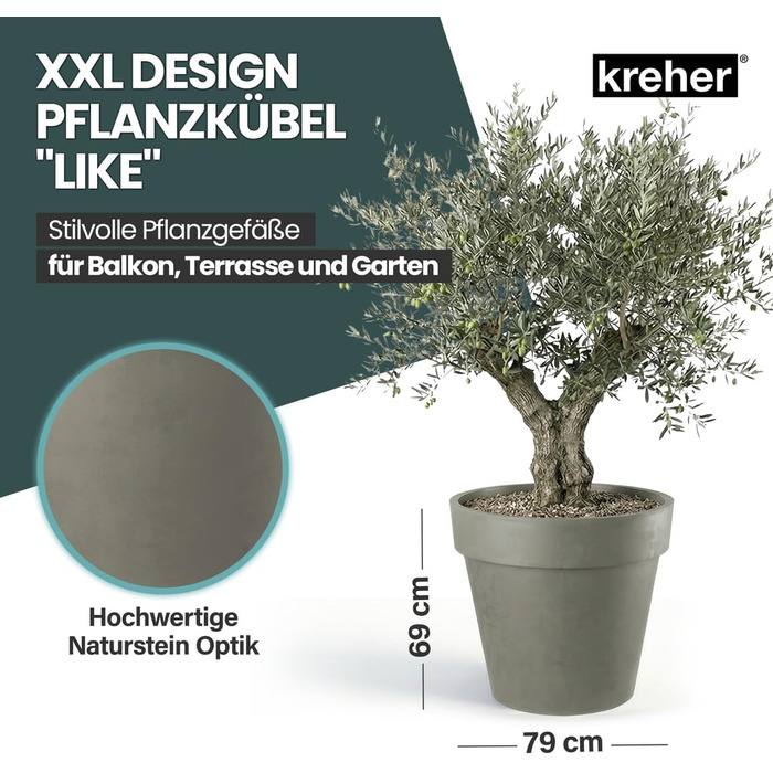 Крехер XXL круглий горщик для рослин / горщик для квітів, діаметром 79 см / 58 см, з роликами! Чудовий елемент декору для саду, тераси, ресторанів та комерційних приміщень! (XL-Ø58см) (XL (Ø58см) + XXL (Ø79см) комплект, Коричневий)