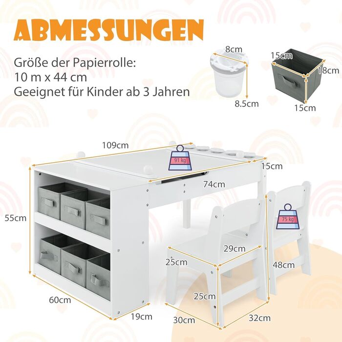 Дитячий стіл DREAMADE 3 в 1 з 2 стільцями, з відкидною кришкою та 2 тканинними ящиками, дитяча меблі для малювання та ігор, з місцем для зберігання (7 відділень), колір білий