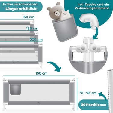 Захисний бортик для ліжка KESSER 150 см: сітчастий бортик-перегородка для дитячого ліжка, складаний, регульований по висоті, сірий