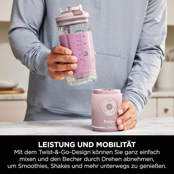 Портативний блендер Ninja Blast Max: 570 мл, акумулятор, чаша та кришка, 3 функції, для смузі та протеїнових коктейлів, рожевий (BC251EULD)