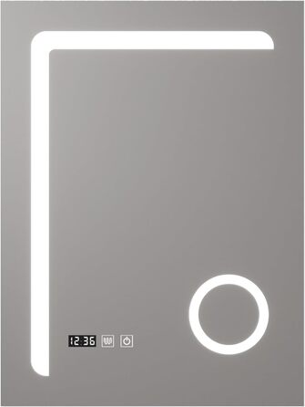 Дзеркало для ванної кімнати pro.tec LED Chambave з підсвічуванням, 3 кольори світла, вертикальне, для макіяжу, прямокутне, 60 x 80 см, срібне, антизапарююче, з лупою та годинником