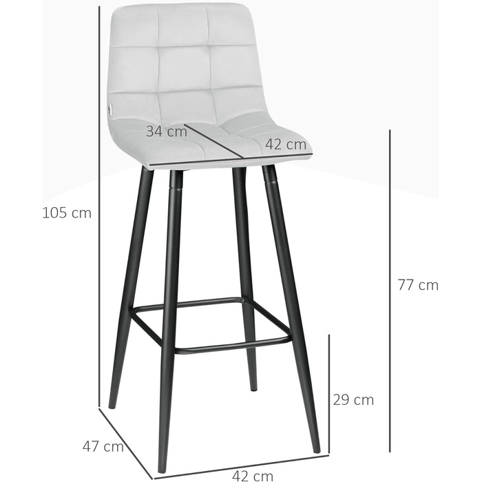 Набір HOMCOM з 2 барних стільців, оксамит, сталеві ніжки, 42x47x105 см, світло-сірий