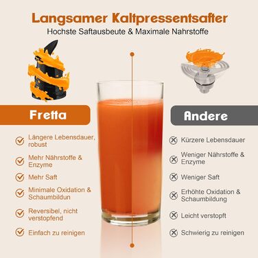 Електрична холодний соковичавниця Fretta Slow Juicer з нержавіючої сталі, 250W, з функцією реверсу, BPA Free