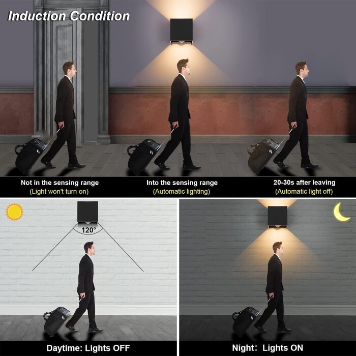 Klighten Зовнішня лампа з датчиком руху 12W, IP65, 3000K тепле біле світло, для внутрішнього та зовнішнього використання, регульований світловий потік, чорний колір