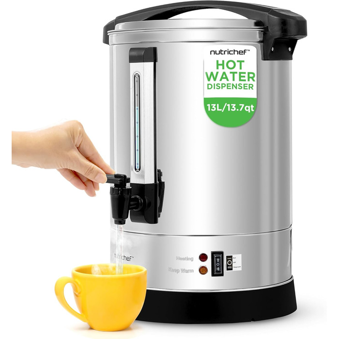 NutriChef Електричний автоклав та дозатор гарячої води 13л – нержавіюча сталь, безпечний кришка, краник без підтікання | Функція підігріву для глінтвейну, чаю, кави | Для комерційного та приватного використання | 1100W, компактний пристрій 13 літрів