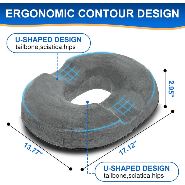 Подушка сидіння Ecosafeter від геморою, пончикова подушка з піни з ефектом пам'яті для куприка та радикуліту, сіра