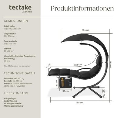 Тектайк® Гамак з каркасом, гамак-шезлонг, гамак-гойдалка з сонцезахистом, гамак-крісло з сумкою, подушкою для голови, для саду, тераси та балкону - (Чорний)