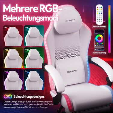 Ігровий крісло Dowinx з RGB підсвічуванням, LED, з підніжкою, для дорослих, ергономічний, з масажем попереку, з PU шкіри, білий