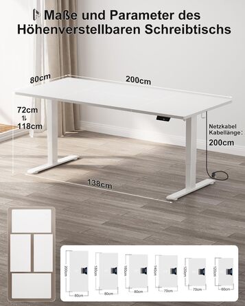 Регульований стіл Homall 200x80 см з USB-портом, електропривод, органайзер для кабелів, пам'ять положень, білий комп'ютерний стіл