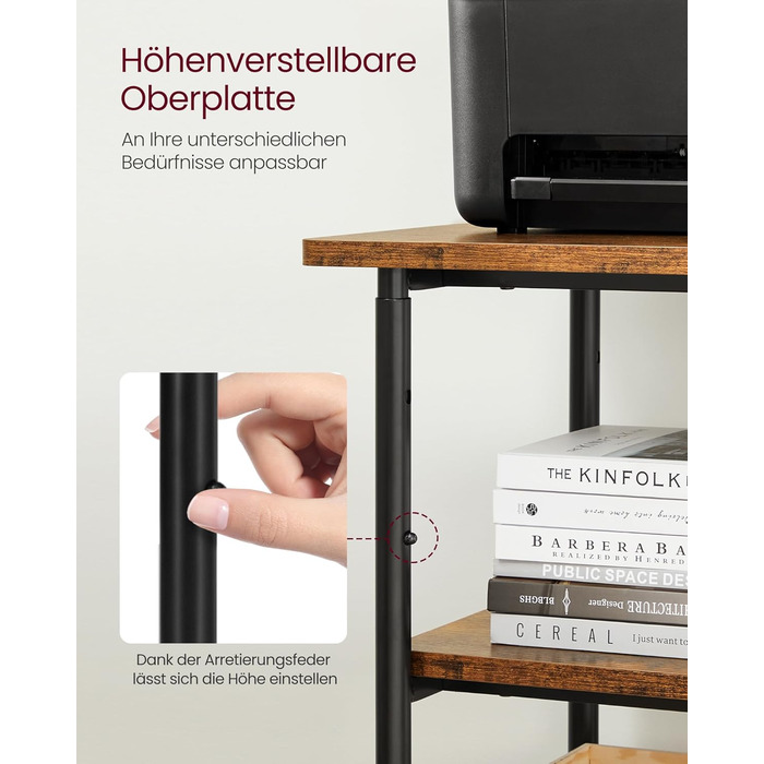 Столик для принтера VASAGLE з роликами, 3-рівневий, регульована стільниця, промисловий стиль, для офісу/кабінету, вінтажно-коричнево-чорний, OPS003B01V1