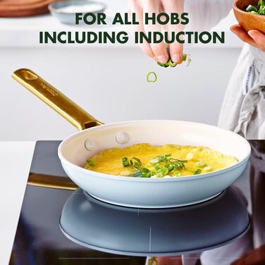 GreenPan Padova Reserve сковорода з керамічним антипригарним покриттям Hartelox, 24 см, індукційна, без PFAS, золотий ручка, для посудомийної машини, для духовки, димчасто-блакитна