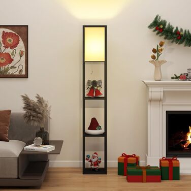 Торшер Fullwatt з дерев'яною полицею та підсвічуванням для спальні та вітальні (чорний)