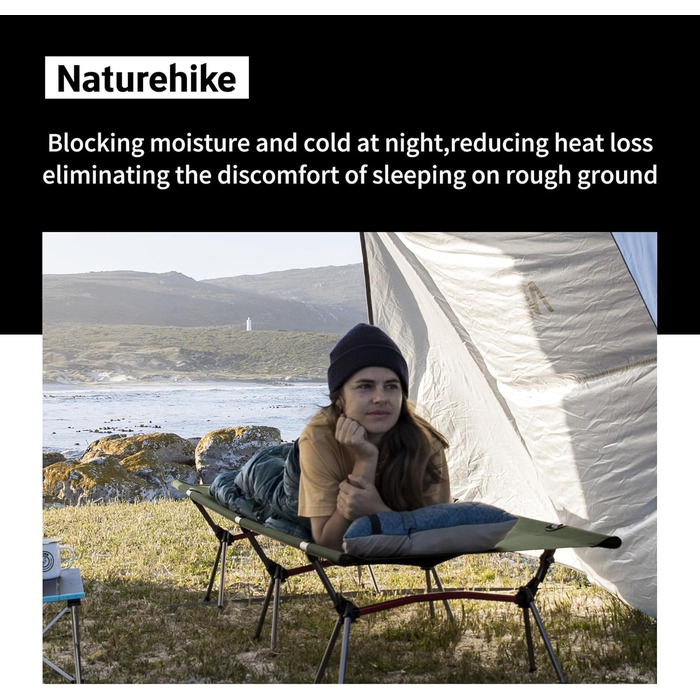 Польове ліжко Naturehike ультралегке складане, витримує до 150 кг, з регулюванням висоти, колір армійський зелений
