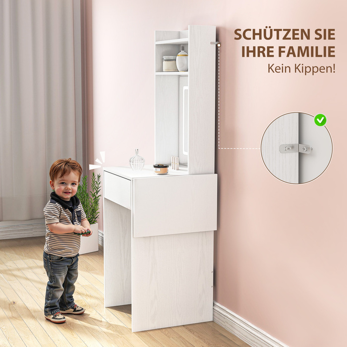 Компактний туалетний столик зі дзеркалом та LED-підсвіткою, відкидна стільниця, відкриті полиці, ящик для зберігання, виготовлений з МДФ, колір білий