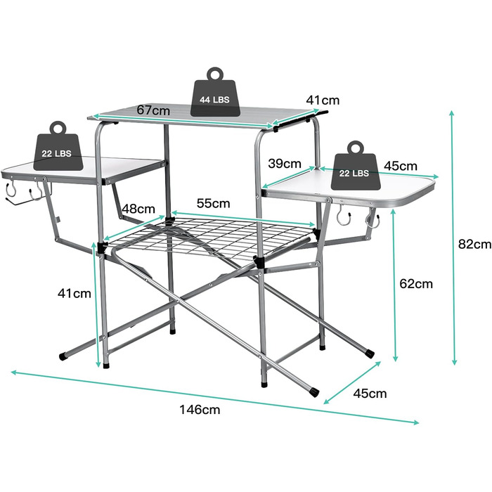 Кемпінговий стіл Giantex, розбірний, з 2 бічними полицями та сумкою для перенесення, алюмінієва стійка для барбекю для пікніка