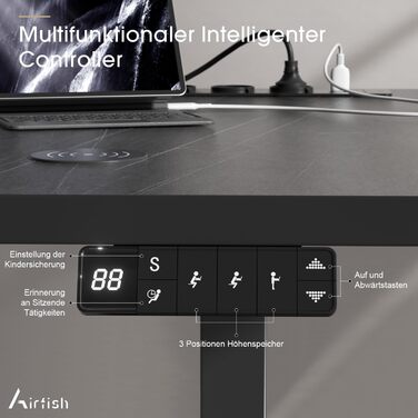 Електричний регульований стіл Airfish 140x70 см з бездроговою зарядкою, пам'ятью та нагадуванням про відпочинок, білий. Також доступний розмір 180x80 см, чорний