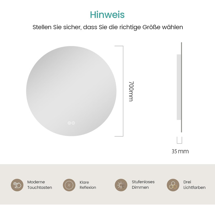 Дзеркало для ванної кімнати EMKE круглої форми з підсвіткою 80 см - кругле дзеркало з 3 кольорами світла, регулюванням яскравості, сенсорним управлінням, функцією пам'яті та енергозбереженням. Розміри: 70 x 70 см