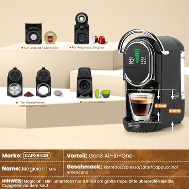 Кавомашина Magician1 Mini Kapselmaschine 5in1 для капсул Nespresso, Dolce Gusto, Lavazza A Modo Mio, ESE 44 та кавової гущі | 20 бар, 1450 Вт, LED-дисплей, 7 рівнів води | для дому та офісу (Чорний)