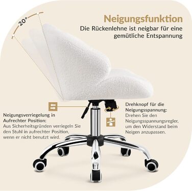 Крісло для дому та офісу Yaheetech, крісло для макіяжу, регульоване по висоті, поворотне, офісне крісло у формі мушлі, крісло з роликами, оксамитове крісло, до 136 кг, білий (сніжно-білий)