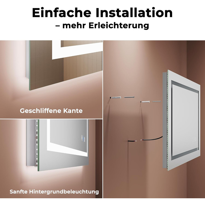 Дзеркало для ванної кімнати LOMIKEN з підсвічуванням, 60x50x3,5 см, LED, 6400K, 3 колірні температури, антивідблиск, вертикальна/горизонтальна установка