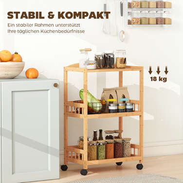 Візок для кухні на колесах з 3 ярусами, сервірувальний візок з місцем для зберігання, кухонна полиця на колесах, для кухні, ванної кімнати, офісу, з натурального дерева.